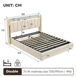 BTM Upholstered Bed with Hydraulic Storage, LED Headboard & Charging Ports in Beige - Size: King - thumbnail 4
