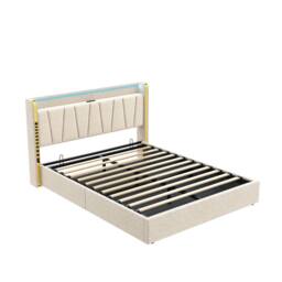 BTM Upholstered Bed with Hydraulic Storage, LED Headboard & Charging Ports in Beige - Size: King - thumbnail 9