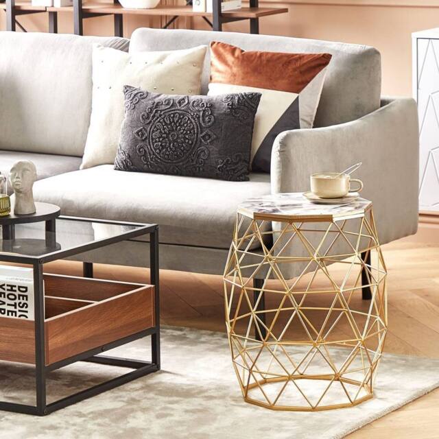 Wyld and Coco Gold Marble-Effect Side Table - 43cm MDF Top Iron Cage Base - image 1