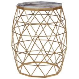 Wyld and Coco Gold Marble-Effect Side Table - 43cm MDF Top Iron Cage Base - thumbnail 2