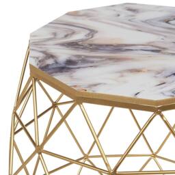 Wyld and Coco Gold Marble-Effect Side Table - 43cm MDF Top Iron Cage Base - thumbnail 3