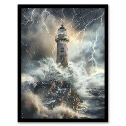 "Artery8 Lighthouse Thunderstorm Sea Crushing Waves Framed Art Print in Grey - Size: W12"" x H16""" - thumbnail 1