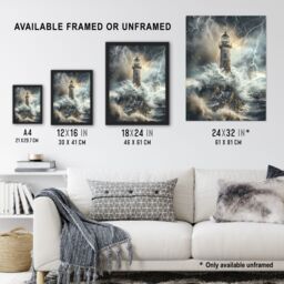 "Artery8 Lighthouse Thunderstorm Sea Crushing Waves Framed Art Print in Grey - Size: W12"" x H16""" - thumbnail 3
