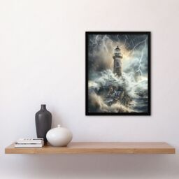"Artery8 Lighthouse Thunderstorm Sea Crushing Waves Framed Art Print in Grey - Size: W12"" x H16""" - thumbnail 4