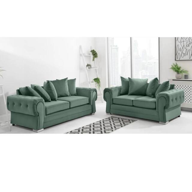 Furniture 786 Verona Scatter Back Plush Velvet 3+2 Seater Sofa Set in Green - image 1