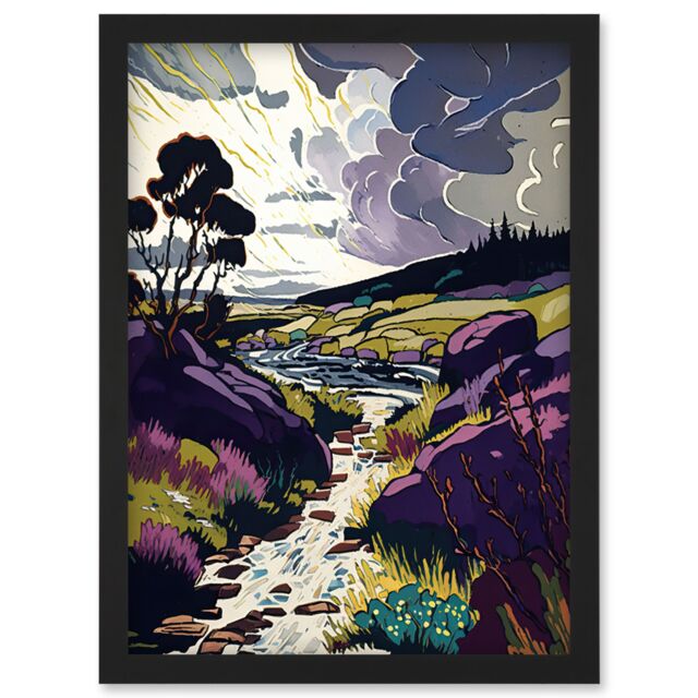 Artery8 Scottish Landscape Illustration with Stormy Clouds Artwork Framed Wall Art Print A4 in Black - image 1