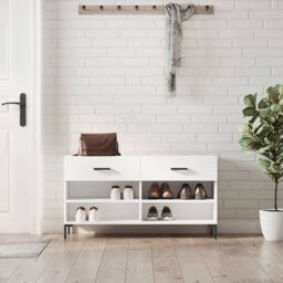 Berkfield Home Shoe Bench High Gloss White 102x35x55 cm Engineered Wood - Size: 102 x 35 x 55 cm