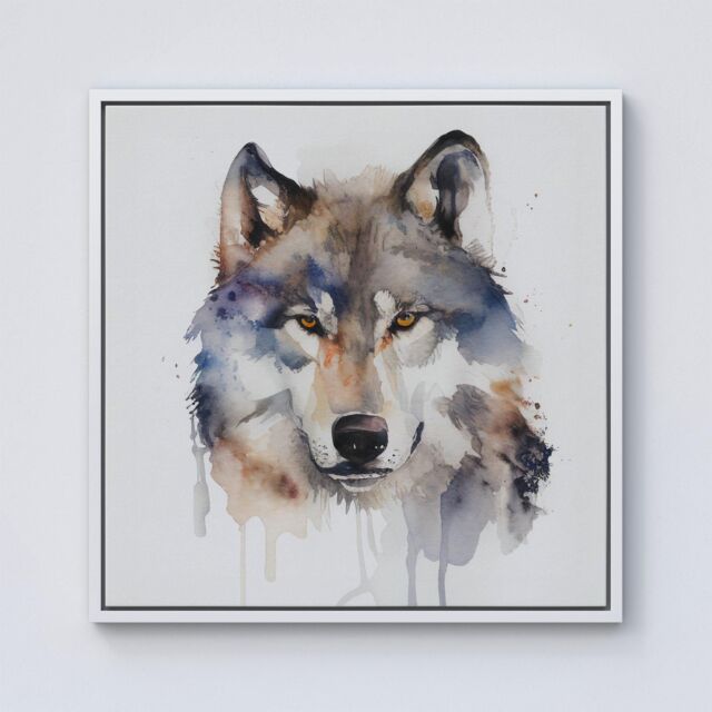 "Warren Reed - Designer Wolf Watercolour Framed Canvas in Off-White - Size: W30"" x H30""" - image 1