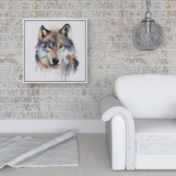 "Warren Reed - Designer Wolf Watercolour Framed Canvas in Off-White - Size: W30"" x H30""" - thumbnail 2