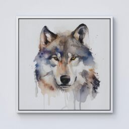 "Warren Reed - Designer Wolf Watercolour Framed Canvas in Off-White - Size: W30"" x H30""" - thumbnail 1