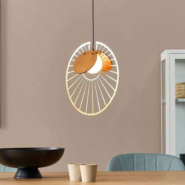 Wyld and Coco Gold Pendant Lamp with Light Wood Accents and Round Glass Shade - image 1