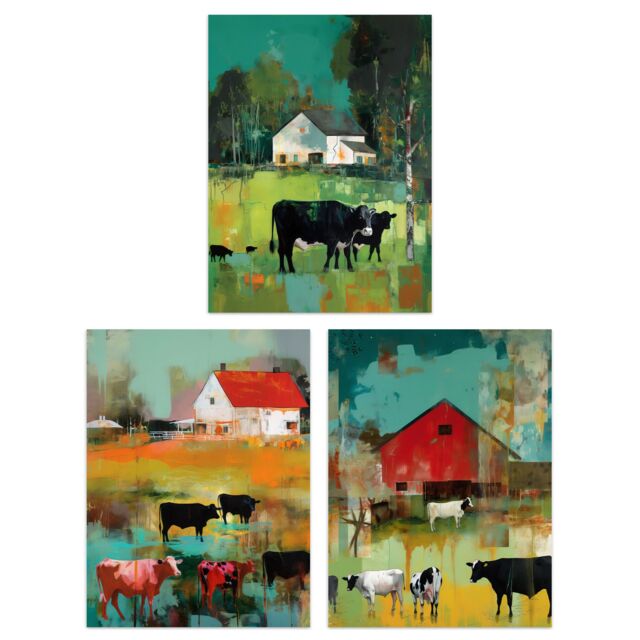 Artery8 Wall Art Print Set of 3 The Farm Grazing Cattle Cows Green Brown Farmer Landscape Painting Living Room Poster s Pack - Size: A4 - image 1