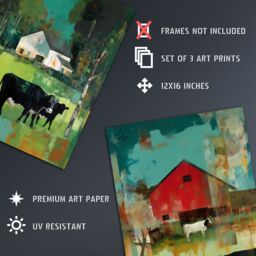 Artery8 Wall Art Print Set of 3 The Farm Grazing Cattle Cows Green Brown Farmer Landscape Painting Living Room Poster s Pack - Size: A4 - thumbnail 4