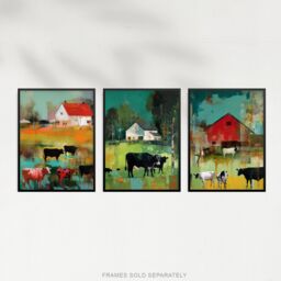 Artery8 Wall Art Print Set of 3 The Farm Grazing Cattle Cows Green Brown Farmer Landscape Painting Living Room Poster s Pack - Size: A4 - thumbnail 5