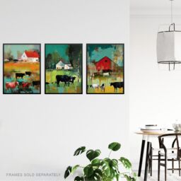 Artery8 Wall Art Print Set of 3 The Farm Grazing Cattle Cows Green Brown Farmer Landscape Painting Living Room Poster s Pack - Size: A4 - thumbnail 3