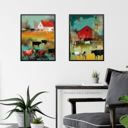 Artery8 Wall Art Print Set of 3 The Farm Grazing Cattle Cows Green Brown Farmer Landscape Painting Living Room Poster s Pack - Size: A4 - thumbnail 6