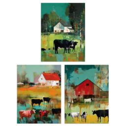 Artery8 Wall Art Print Set of 3 The Farm Grazing Cattle Cows Green Brown Farmer Landscape Painting Living Room Poster s Pack - Size: A4 - thumbnail 1