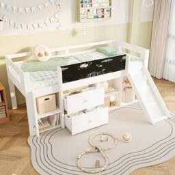 BTM 3ft Kids Loft Bed with Slide & Blackboard, Storage Drawers in White - Size: Single - thumbnail 4