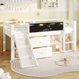 BTM 3ft Kids Loft Bed with Slide & Blackboard, Storage Drawers in White - Size: Single - thumbnail 2