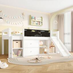 BTM 3ft Kids Loft Bed with Slide & Blackboard, Storage Drawers in White - Size: Single - thumbnail 6