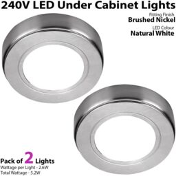 Loops 2x BRUSHED NICKEL Round Surface or Flush Under Cabinet Kitchen Light Kit - 240V Mains Powered - Natural White LED in Metallics - thumbnail 2