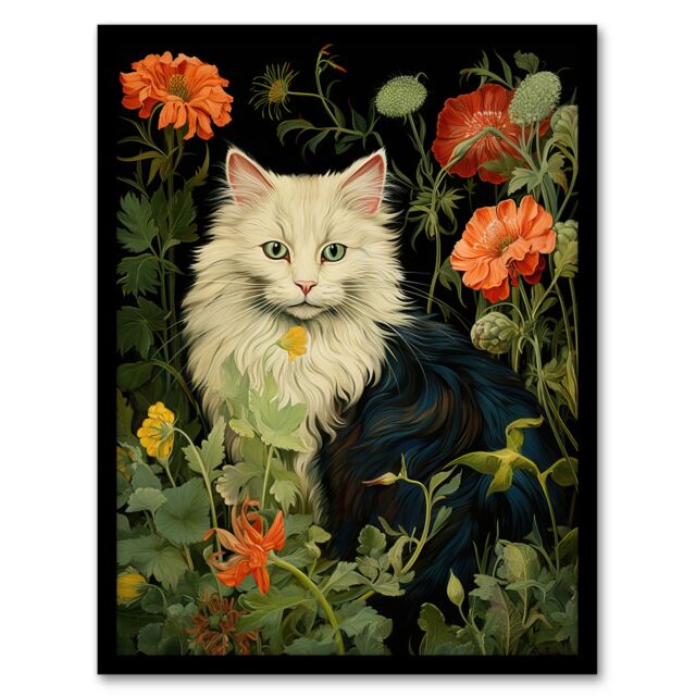 "Artery8 Wall Art Print Stylish Black & White Cat Flowers Green Floral Design Peony Art Framed - Size: W12"" x H16""" - image 1