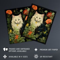 "Artery8 Wall Art Print Stylish Black & White Cat Flowers Green Floral Design Peony Art Framed - Size: W12"" x H16""" - thumbnail 2