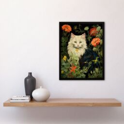 "Artery8 Wall Art Print Stylish Black & White Cat Flowers Green Floral Design Peony Art Framed - Size: W12"" x H16""" - thumbnail 4