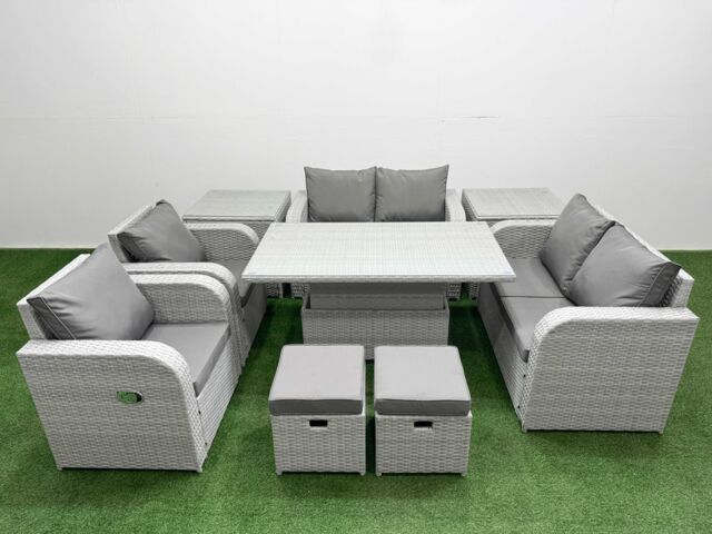 Fimous 8 Seater Outdoor Reclining Chair Love Sofa Set Rattan Garden Furniture Set w/ Adjustable Lifting Dining or Coffee Table 2 Stools 2 Side Table - image 1