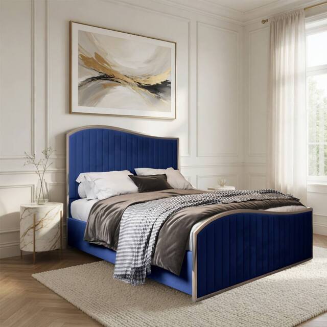 Casani Totternhoe Upholstered Soft Velvet Blue Metal Designer Bed Frame - Size: Single - image 1