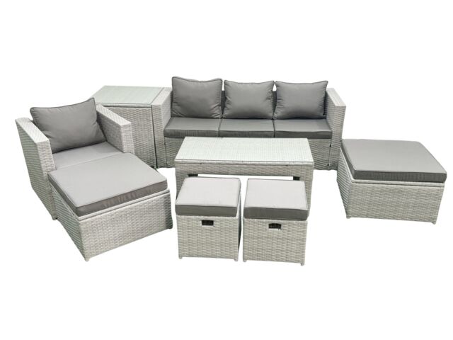 Fimous Rattan Garden Furniture Set Outdoor Lounger Sofa with Coffee Table 4 Footstools Side Table Light Grey Mixed 8 Seater - image 1