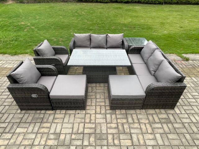 Fimous Rattan Outdoor Garden Furniture Sets Height Adjustable Rising lifting Dining Table Reclining Chair Sofa Set with Side Tables in Dark Grey - image 1