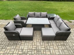 Fimous Rattan Outdoor Garden Furniture Sets Height Adjustable Rising lifting Dining Table Reclining Chair Sofa Set with Side Tables in Dark Grey - thumbnail 2
