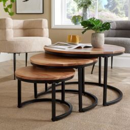 Home Source Nest 3 Tables Solid Acacia Wooden Top Home Compact Design Living Room in Light Brown - thumbnail 7