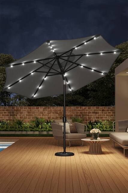Living and Home 3M Large Garden Solar 24 LED Lights Parasol Outdoor Patio Umbrella Sun Shade Crank Tilt with Vintage Base, Dark Grey - image 1
