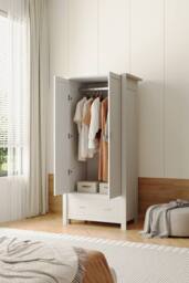 Living and Home Modern Double-Door Wardrobe with Drawer & Hanging Rail in White - thumbnail 2