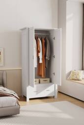 Living and Home Modern Double-Door Wardrobe with Drawer & Hanging Rail in White - thumbnail 4