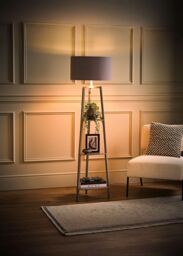 ValueLights Hiru Grey 3 Tier Shelf Floor Lamp with Grey & Chrome Shade & Bulb in Metallic Silver - thumbnail 2