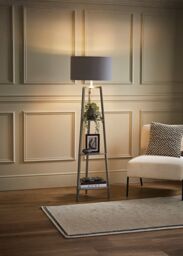 ValueLights Hiru Grey 3 Tier Shelf Floor Lamp with Grey & Chrome Shade & Bulb in Metallic Silver