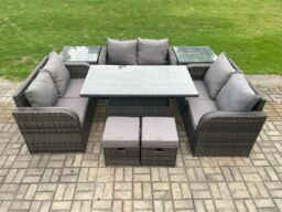 Fimous Rattan Garden Outdoor Furniture 3 PC Love Sofa Set Patio Adjustable Rising lifting Dining Table With 2 Side Tables 2 Small Footstools - thumbnail 2
