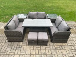 Fimous Rattan Garden Outdoor Furniture 3 PC Love Sofa Set Patio Adjustable Rising lifting Dining Table With 2 Side Tables 2 Small Footstools - thumbnail 1