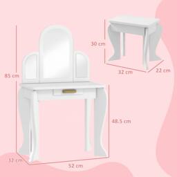 HOMCOM Girl's Kids Dressing Table Set Kids Vanity Set w/ Drawer, Mirror - White - thumbnail 3