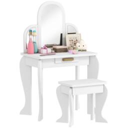 HOMCOM Girl's Kids Dressing Table Set Kids Vanity Set w/ Drawer, Mirror - White - thumbnail 2