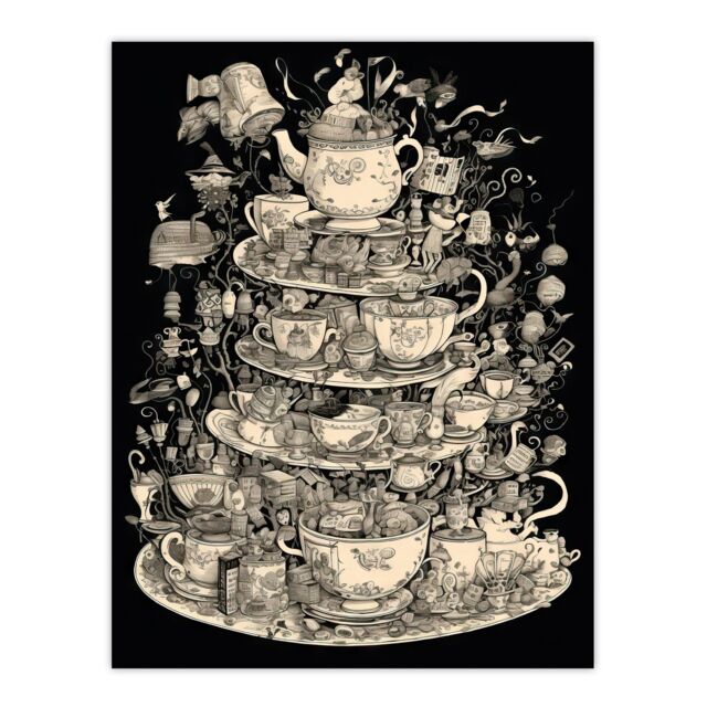 "Artery8 Wall Art Print Alice In Wonderland Mad Hatter Tea Party Whimsical Magical Adventure Painting Poster in Black - Size: W24"" x H32""" - image 1