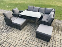 Fimous 10 Seater Garden Rattan Furniture Corner Sofa Dining Table Chair Set with 2 Big Footstool 2 Armchairs Indoor Outdoor Lounge Sofa Set - thumbnail 1