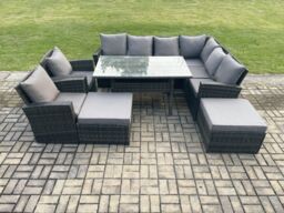 Fimous 10 Seater Garden Rattan Furniture Corner Sofa Dining Table Chair Set with 2 Big Footstool 2 Armchairs Indoor Outdoor Lounge Sofa Set - thumbnail 2