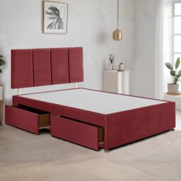 "Bed Time UK Plush Divan Bed Frame with 2 Drawers & 20"" Vertical Line Headboard in Red - Size: Small Double" - thumbnail 1