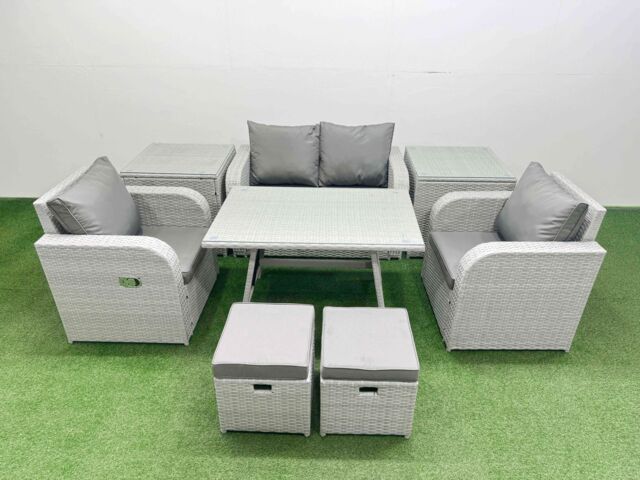 Fimous Light Grey PE Rattan Garden Furniture Set Reclining Chair 2 Side Table - image 1