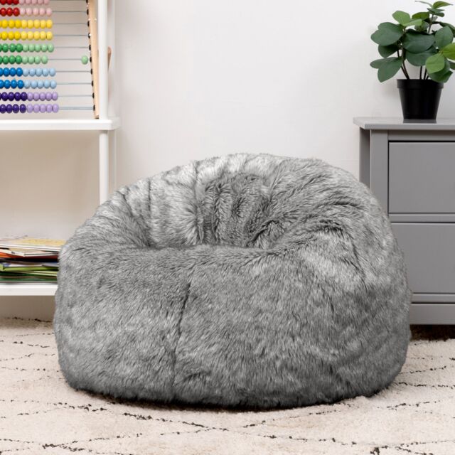icon Kids Classic Faux Fur Bean Bag Chair Natural Bean Bags for Children in Light Grey - image 1