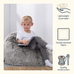 icon Kids Classic Faux Fur Bean Bag Chair Natural Bean Bags for Children in Light Grey - thumbnail 2
